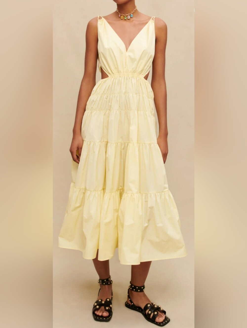 Maje Cutout Shirred Taffeta Midi Dress, Butter Yellow, Size FR 34/XS